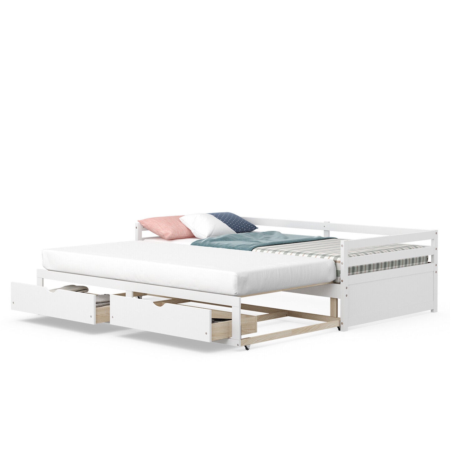 Extendable Twin to King Daybed with Trundle and 2 Storage Drawers-White Kids Crystal