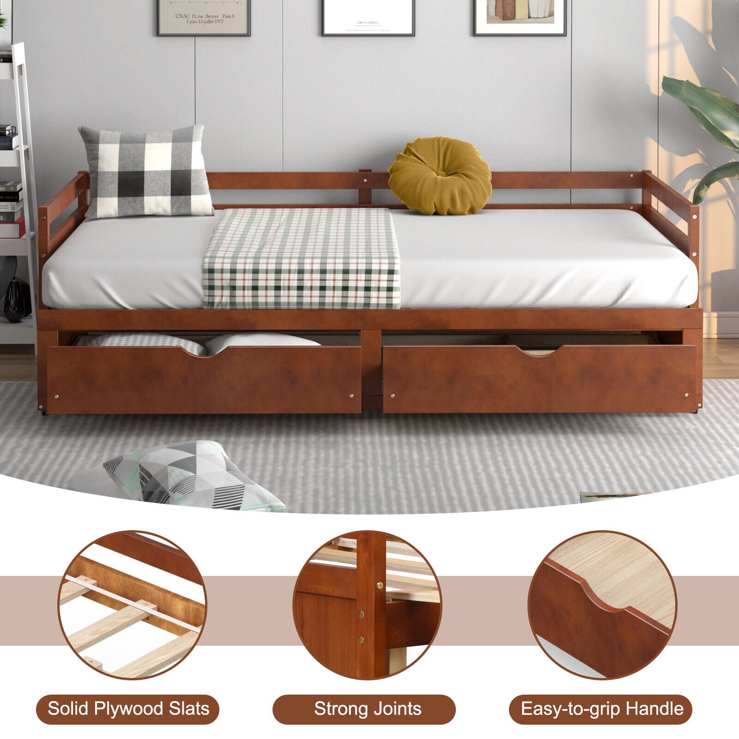 Extendable Twin to King Daybed with Trundle and 2 Storage Drawers-Brown Kids Crystal