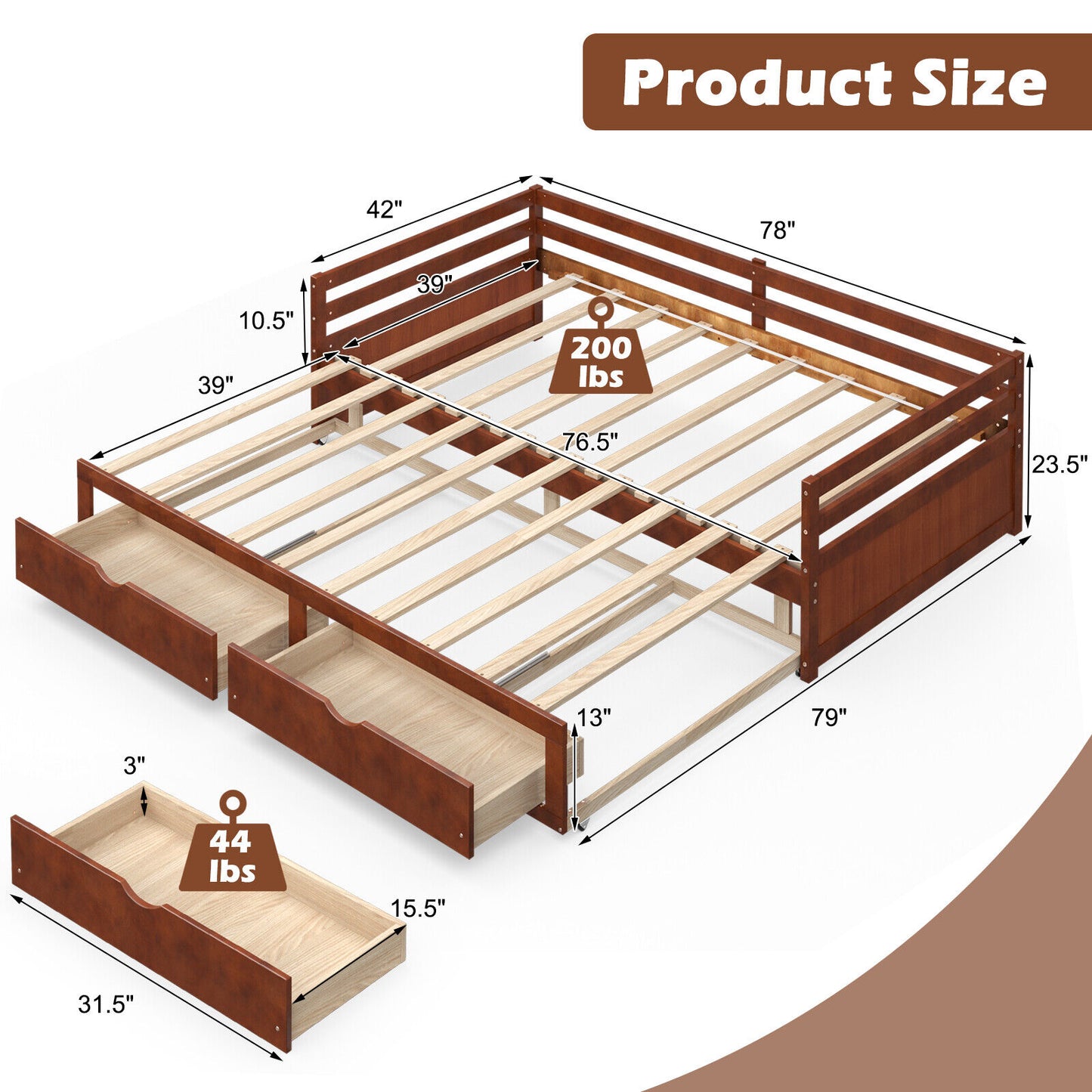 Extendable Twin to King Daybed with Trundle and 2 Storage Drawers-Brown Kids Crystal