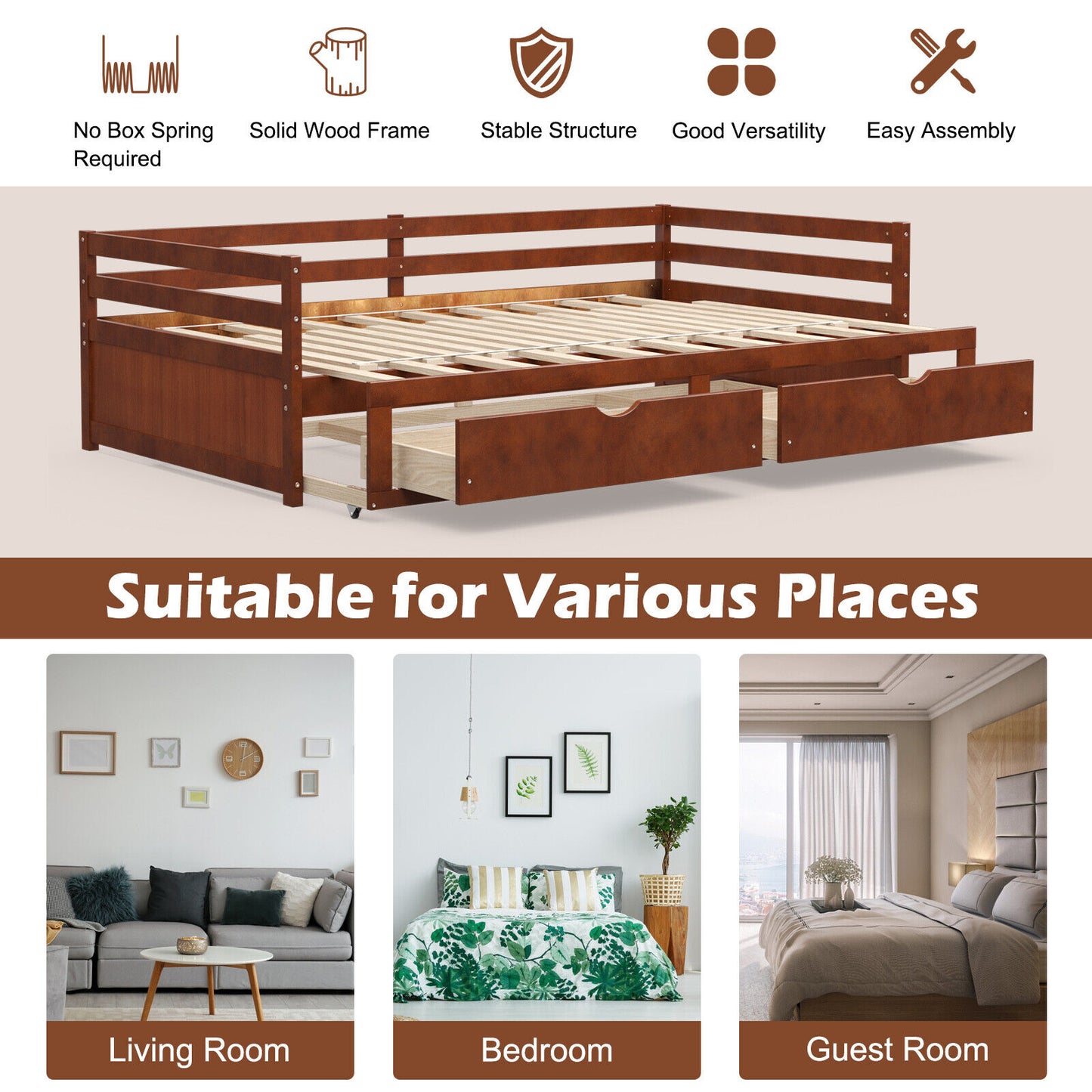 Extendable Twin to King Daybed with Trundle and 2 Storage Drawers-Brown Kids Crystal