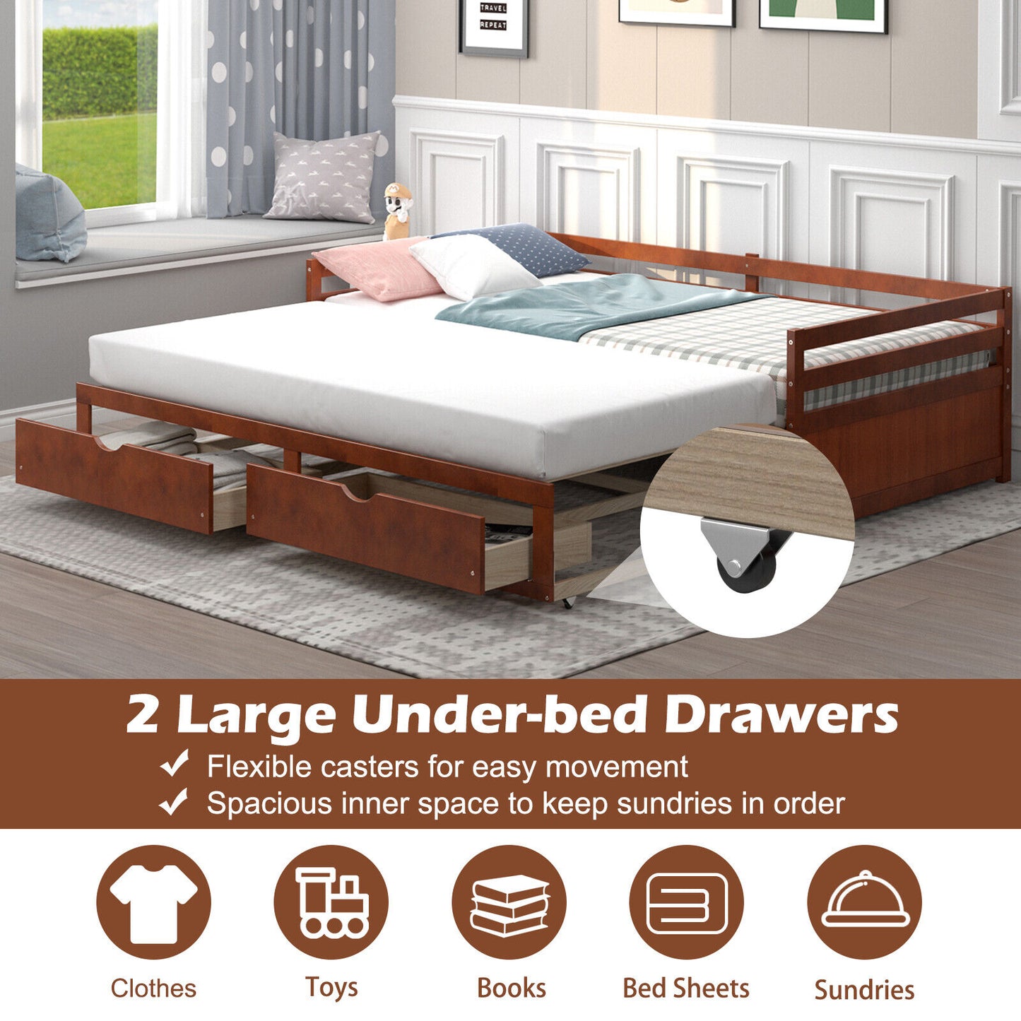 Extendable Twin to King Daybed with Trundle and 2 Storage Drawers-Brown Kids Crystal