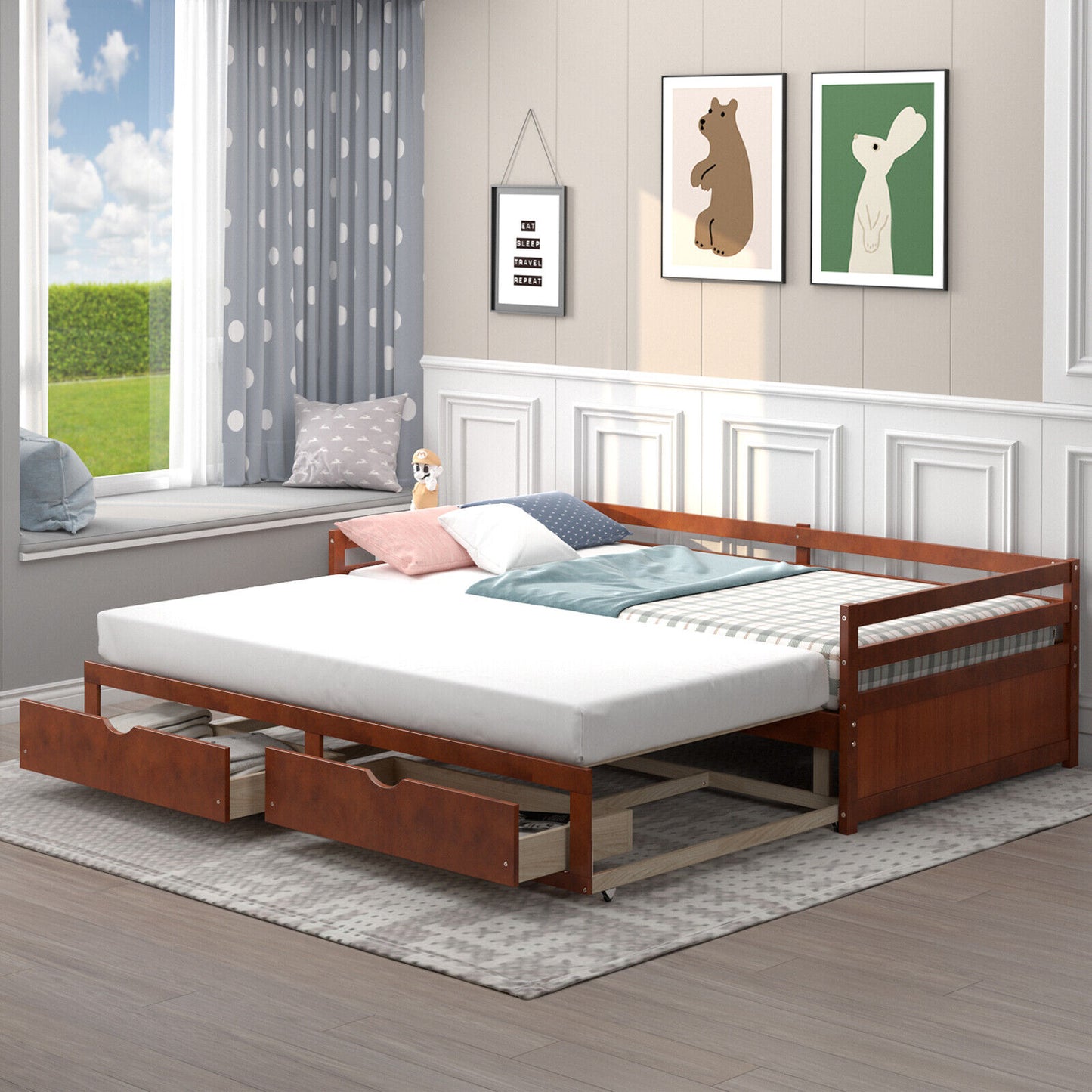 Extendable Twin to King Daybed with Trundle and 2 Storage Drawers-Brown Kids Crystal