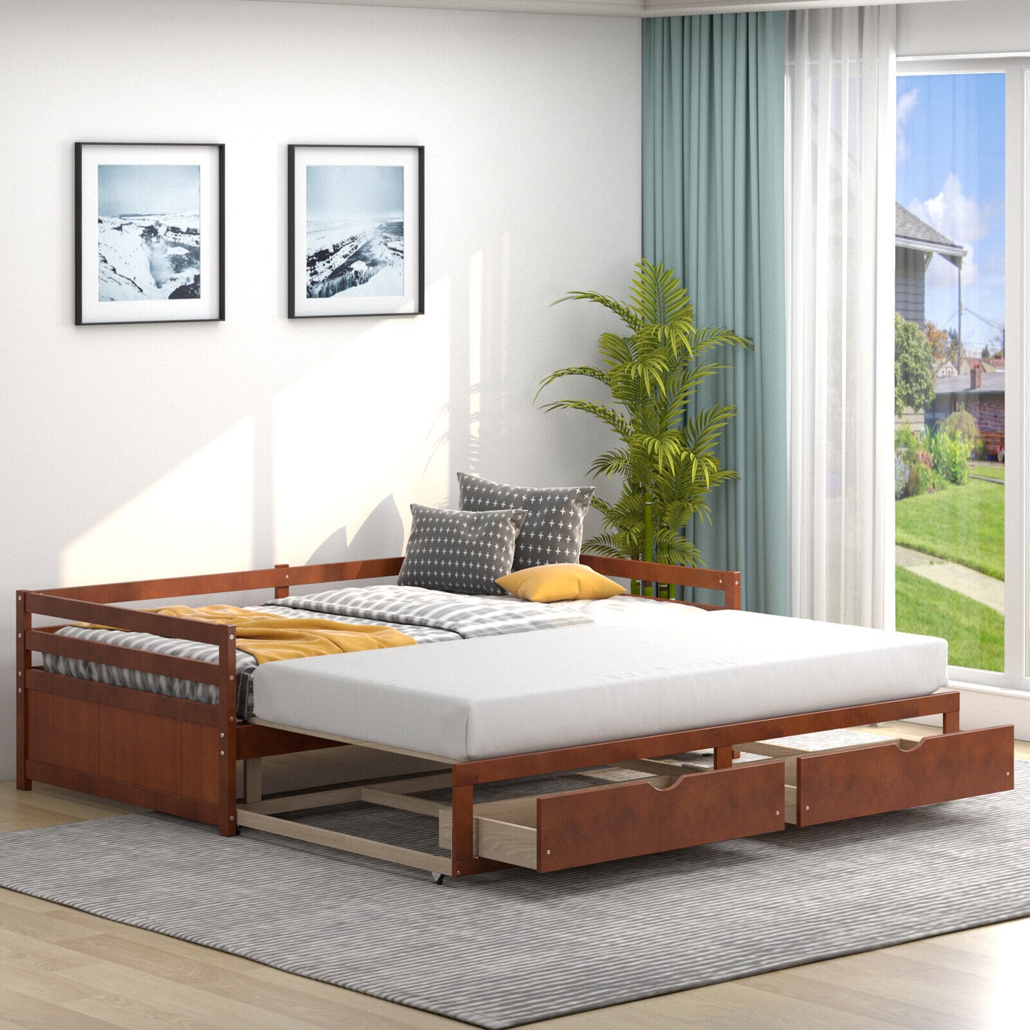 Extendable Twin to King Daybed with Trundle and 2 Storage Drawers-Brown Kids Crystal