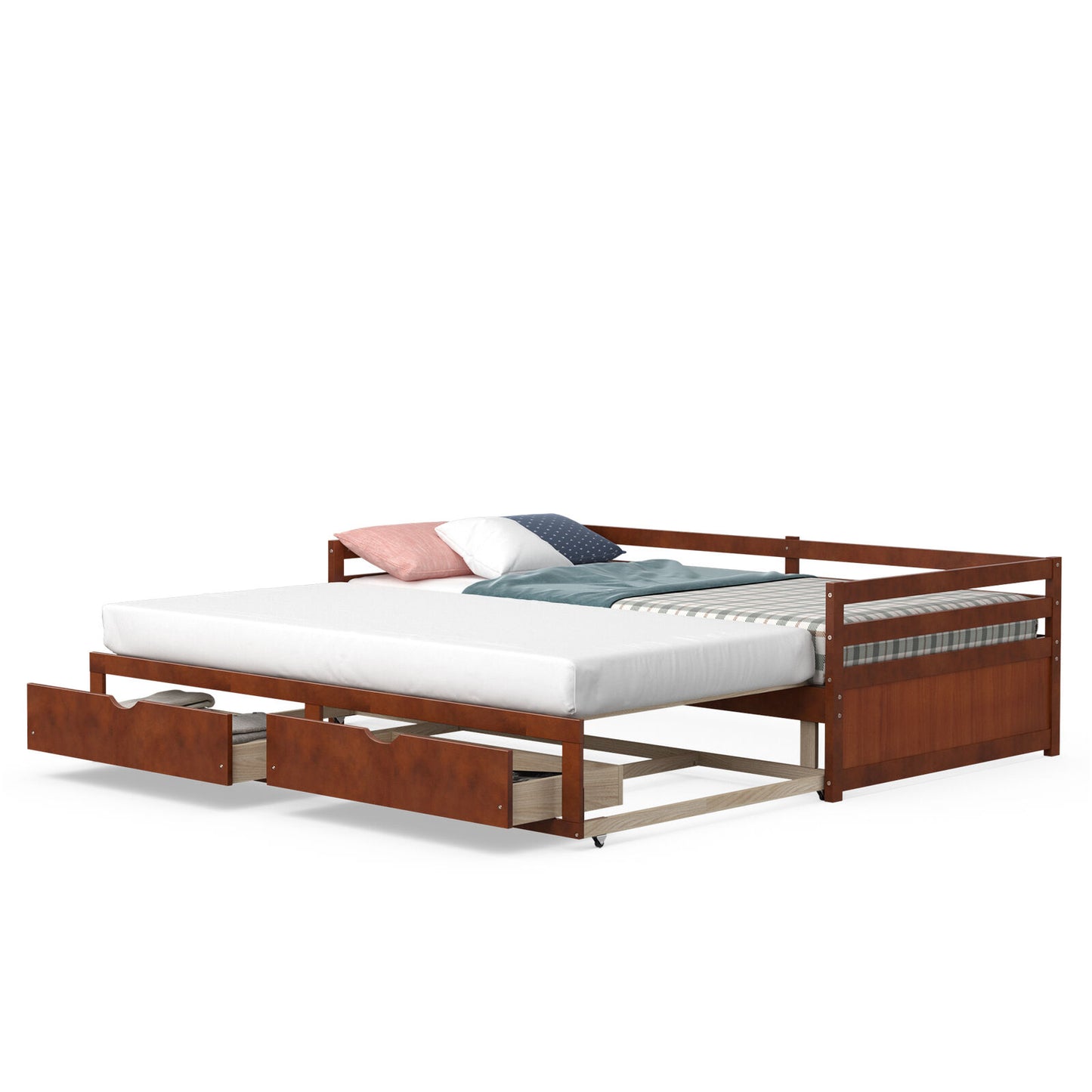 Extendable Twin to King Daybed with Trundle and 2 Storage Drawers-Brown Kids Crystal