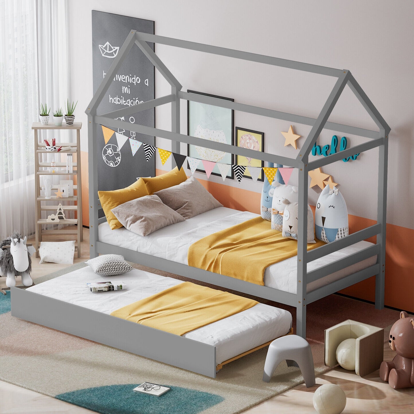Kids Platform Bed Frame with Roof for Bedroom-Gray Kids Crystal