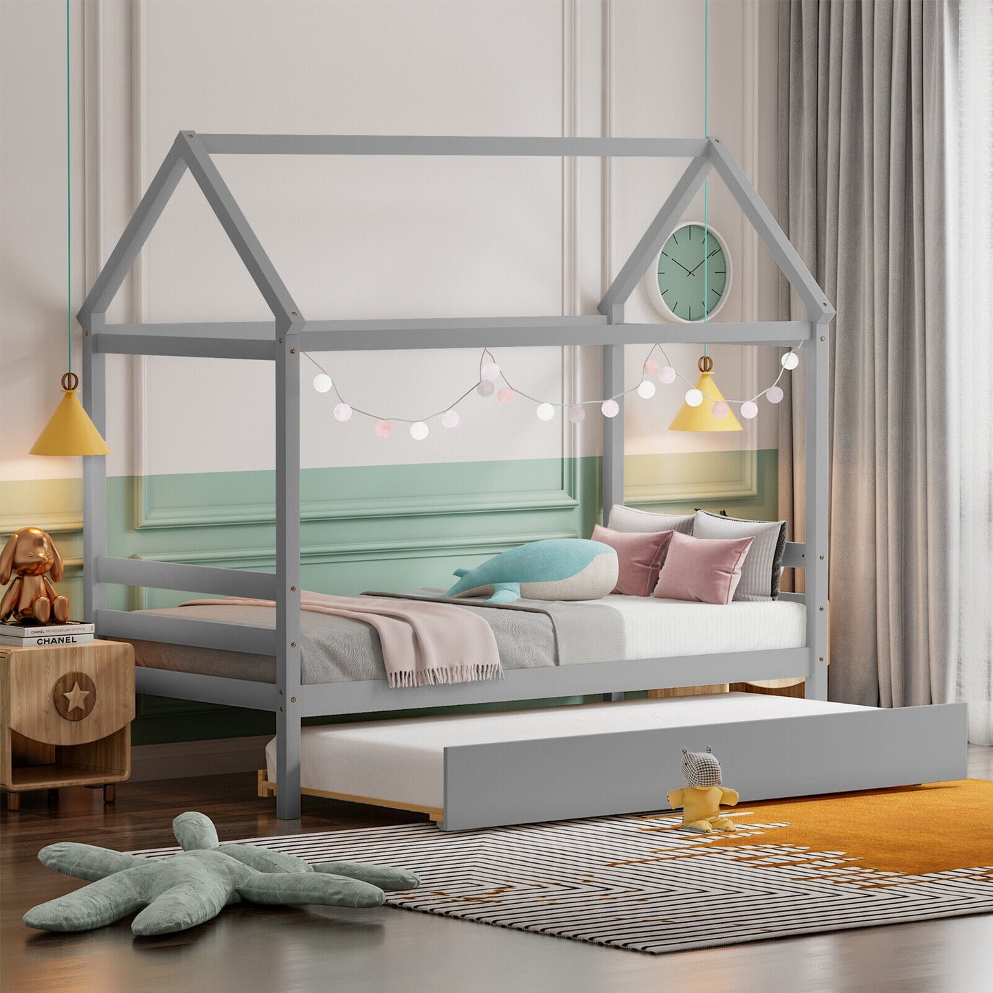 Kids Platform Bed Frame with Roof for Bedroom-Gray Kids Crystal