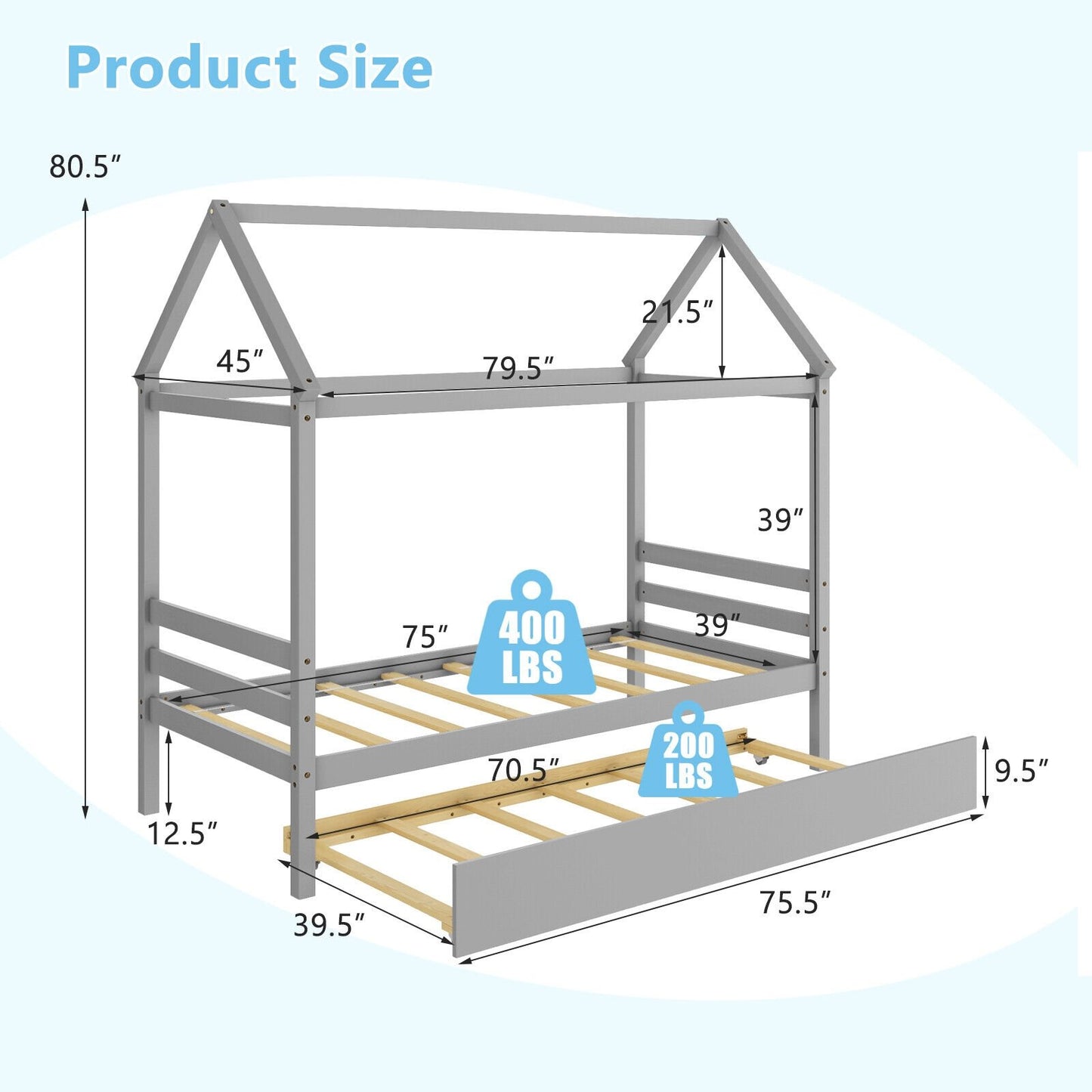Kids Platform Bed Frame with Roof for Bedroom-Gray Kids Crystal