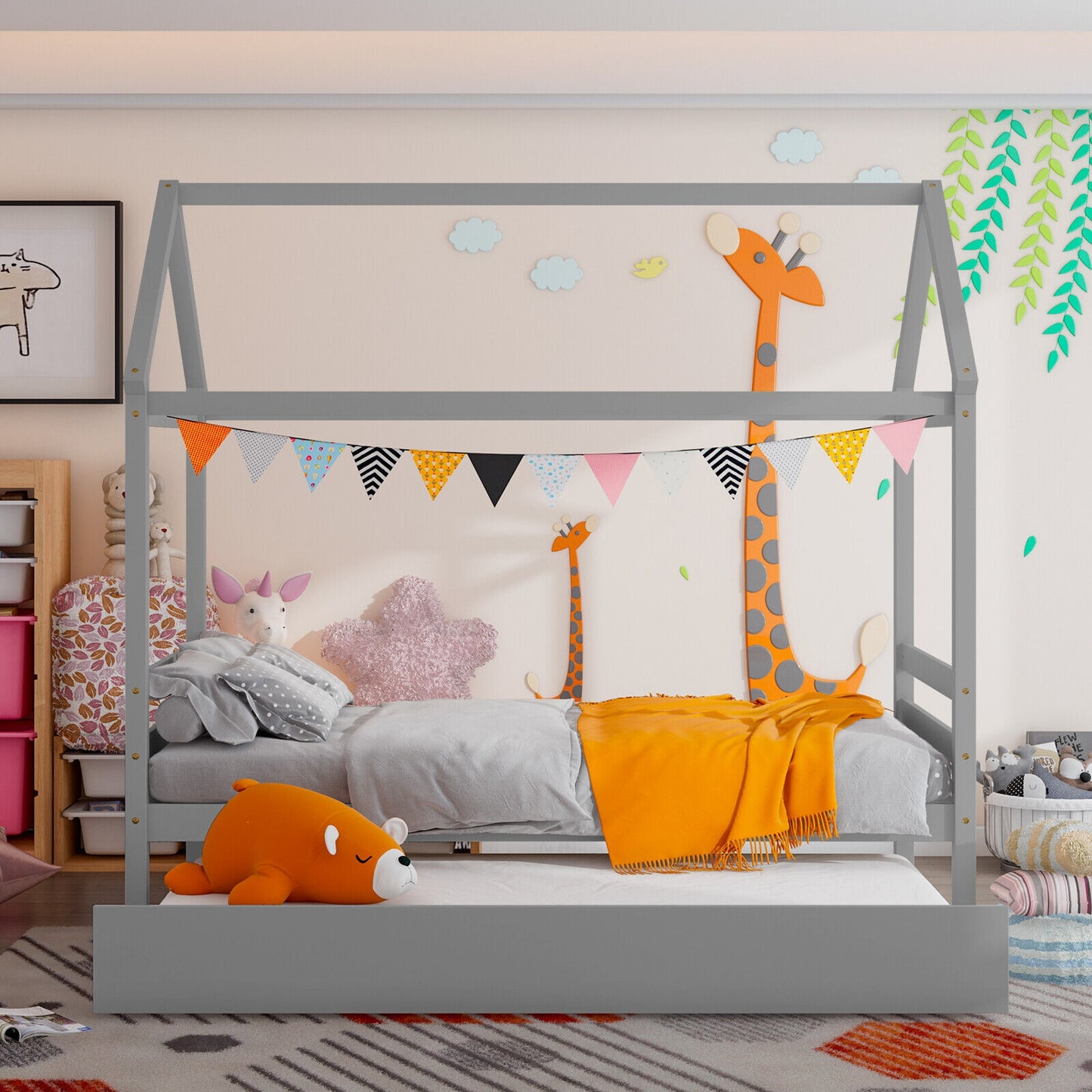 Kids Platform Bed Frame with Roof for Bedroom-Gray Kids Crystal