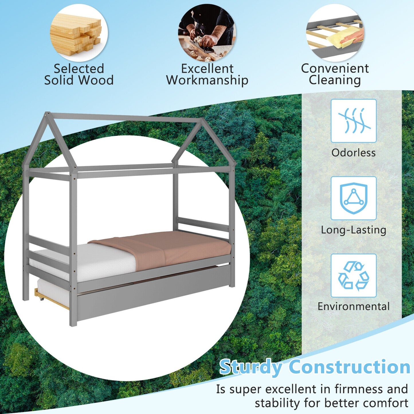 Kids Platform Bed Frame with Roof for Bedroom-Gray Kids Crystal