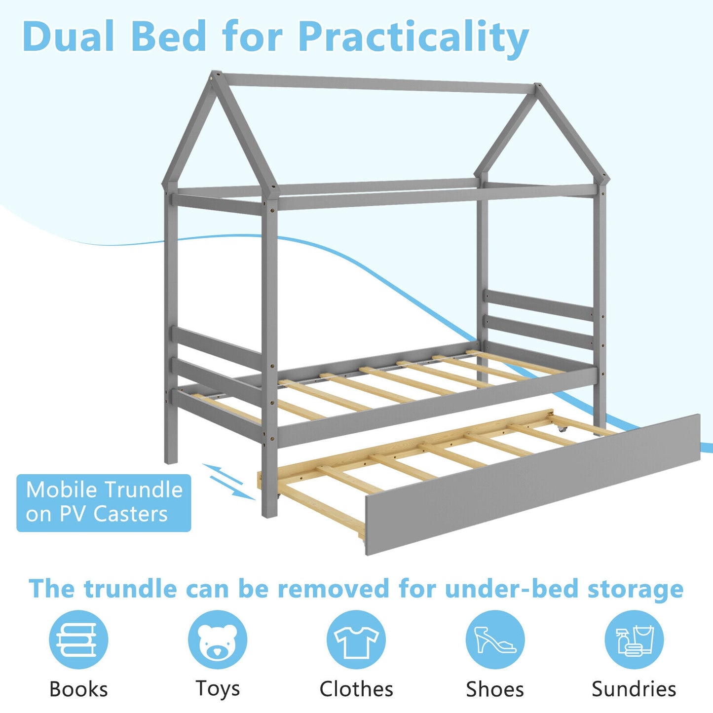 Kids Platform Bed Frame with Roof for Bedroom-Gray Kids Crystal