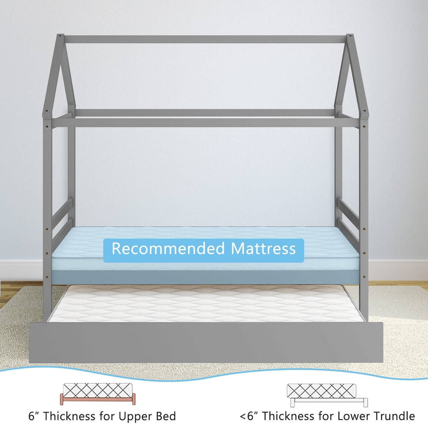 Kids Platform Bed Frame with Roof for Bedroom-Gray Kids Crystal