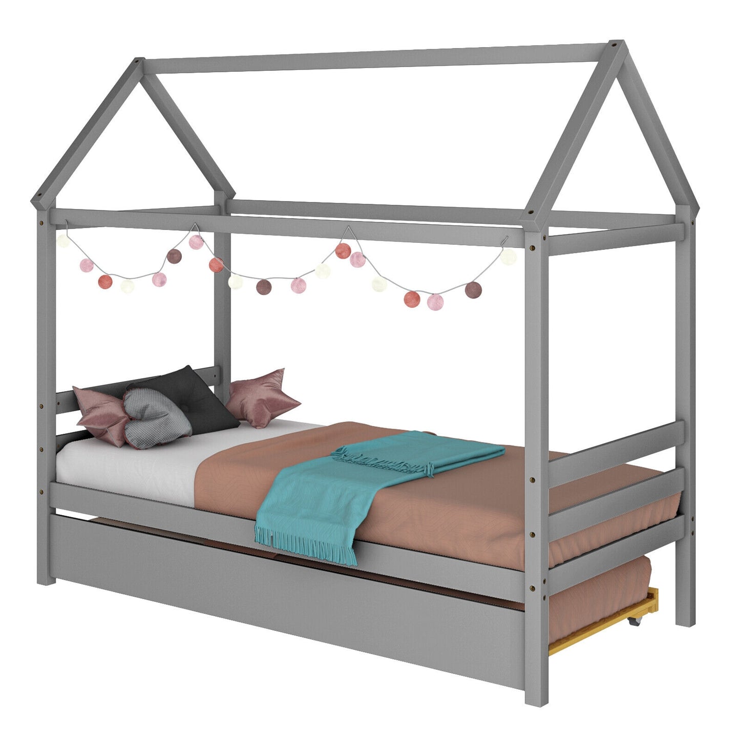 Kids Platform Bed Frame with Roof for Bedroom-Gray Kids Crystal