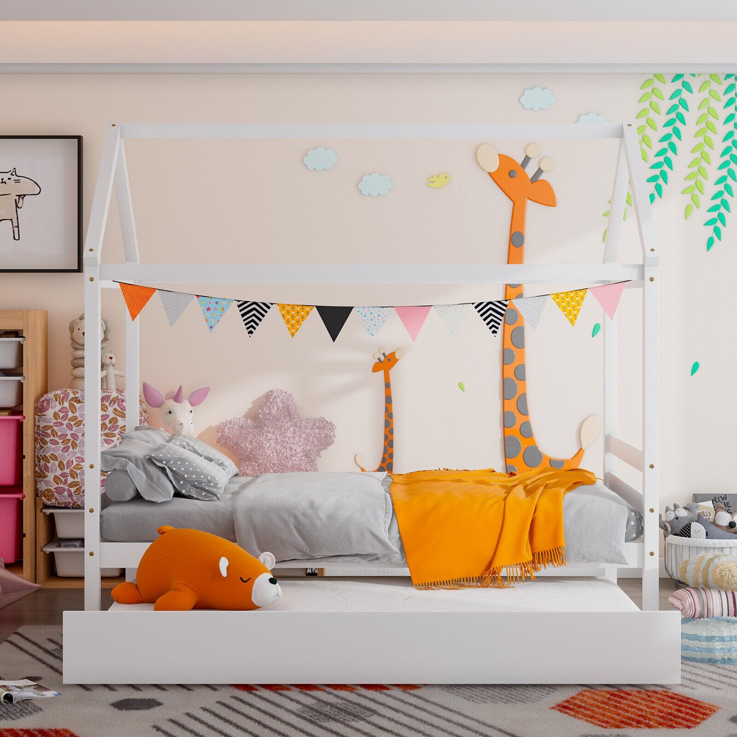 Kids Platform Bed Frame with Roof for Bedroom-White Kids Crystal