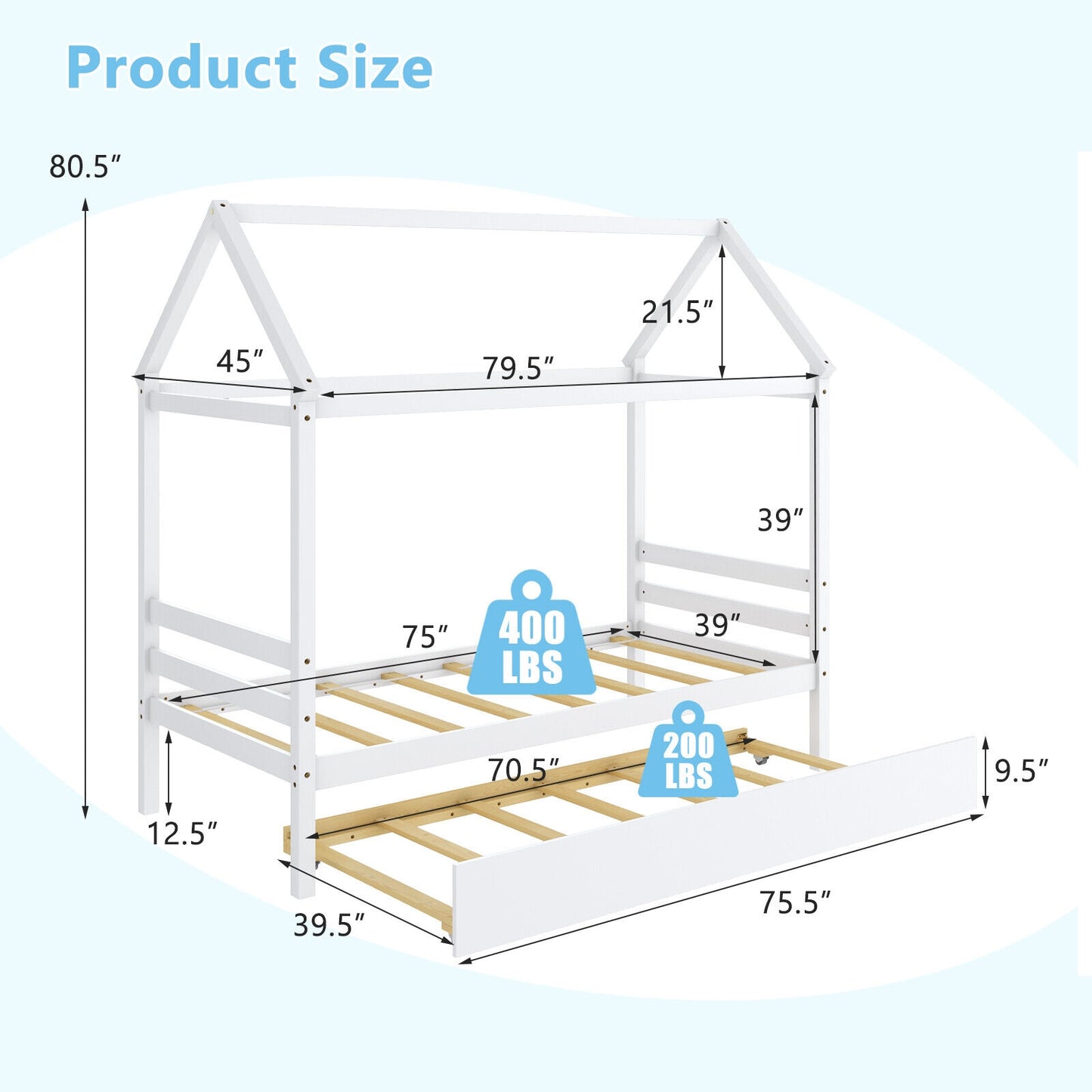 Kids Platform Bed Frame with Roof for Bedroom-White Kids Crystal