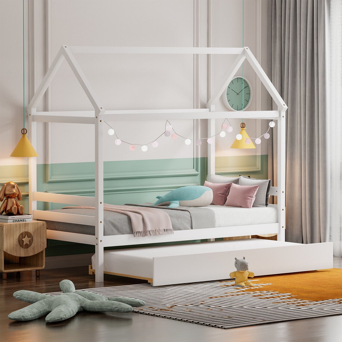 Kids Platform Bed Frame with Roof for Bedroom-White Kids Crystal