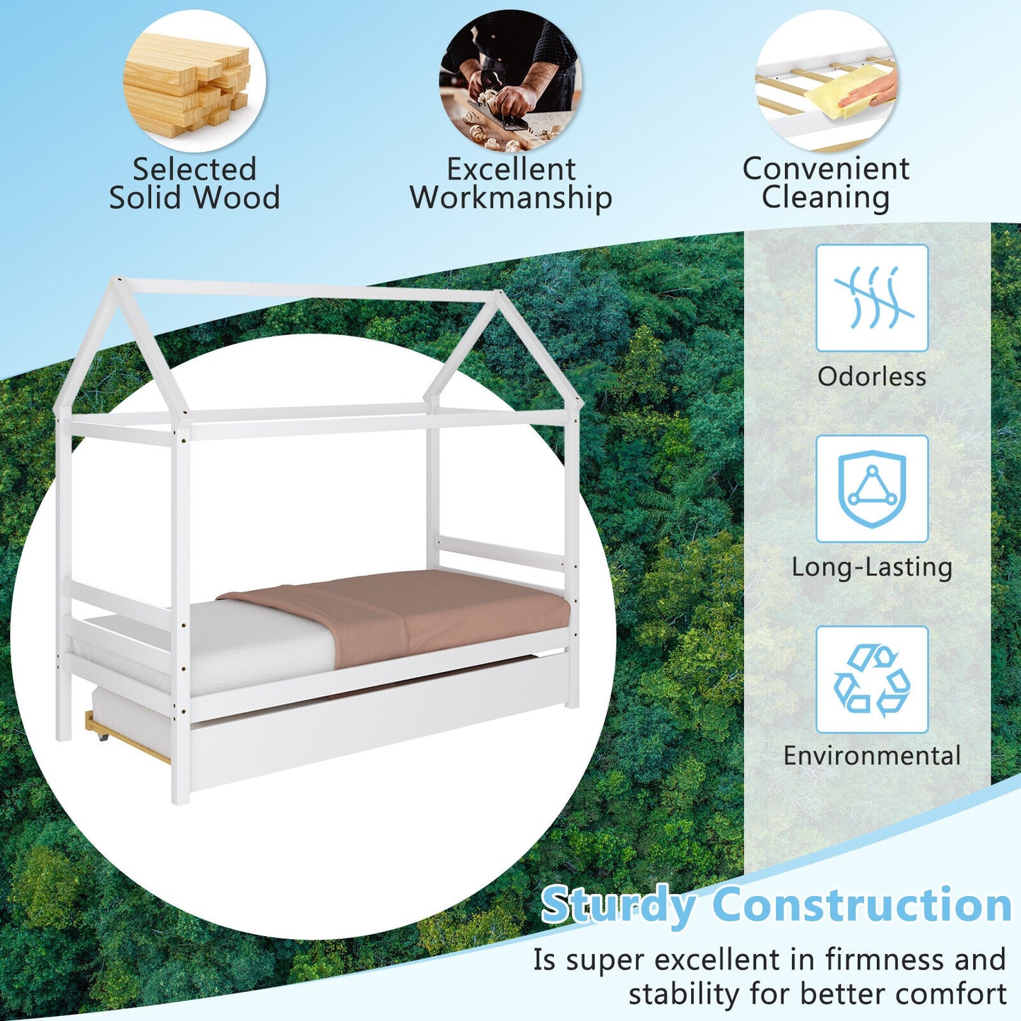 Kids Platform Bed Frame with Roof for Bedroom-White Kids Crystal