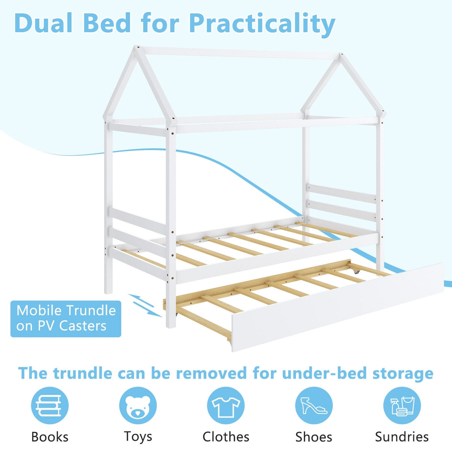 Kids Platform Bed Frame with Roof for Bedroom-White Kids Crystal