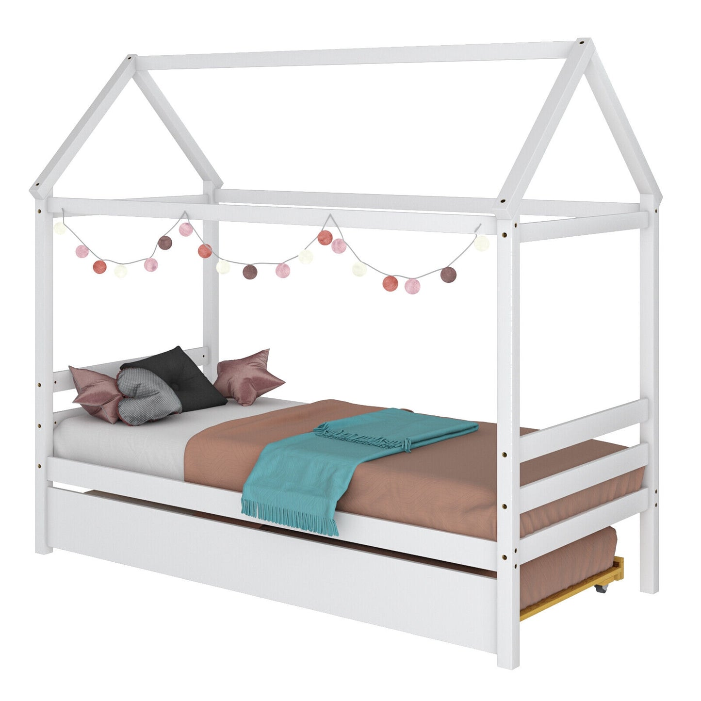 Kids Platform Bed Frame with Roof for Bedroom-White Kids Crystal