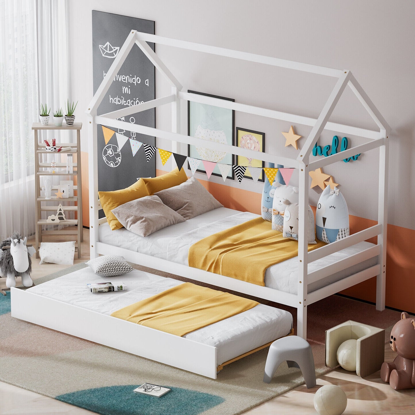 Kids Platform Bed Frame with Roof for Bedroom-White Kids Crystal