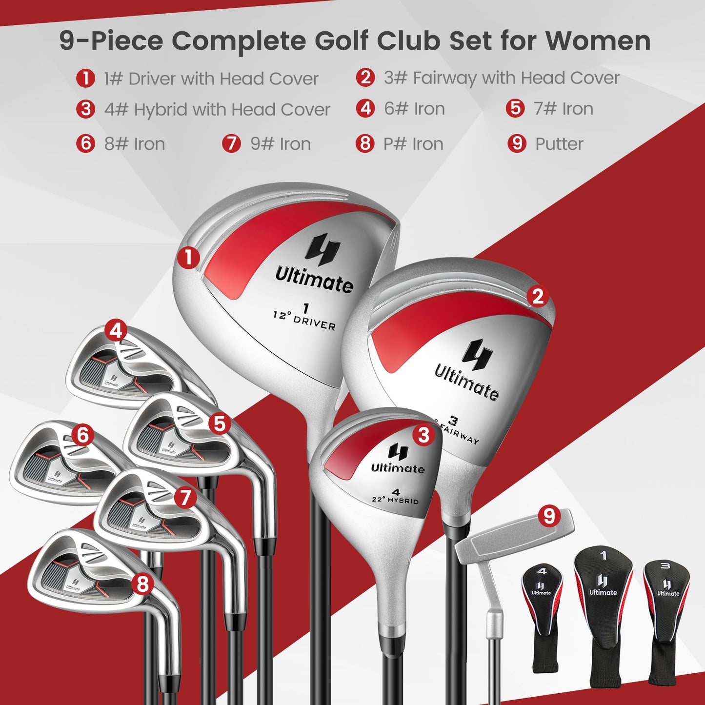 Women's 9 Pieces Complete Golf Club Set-Red Kids Crystal