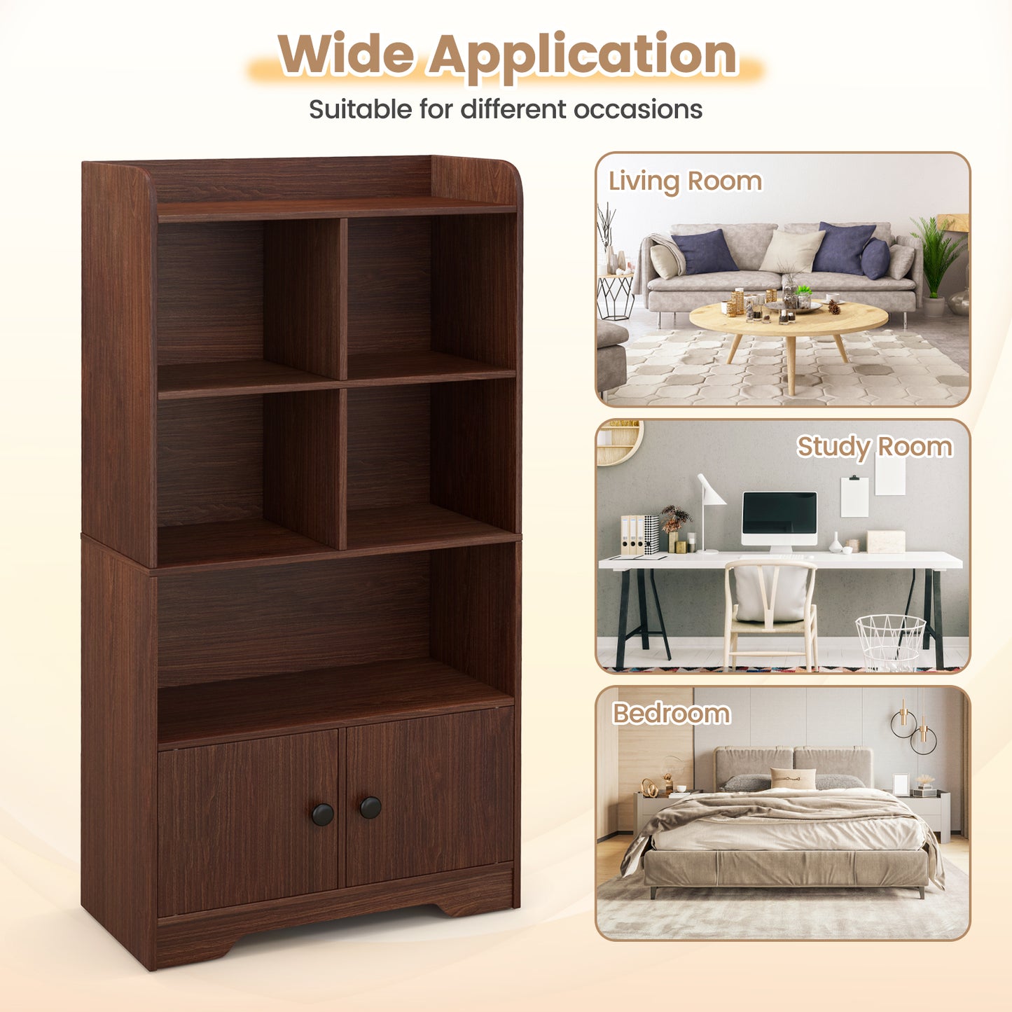 4 Tiers Bookshelf with 4 Cubes Display Shelf and 2 Doors-Brown Kids Crystal