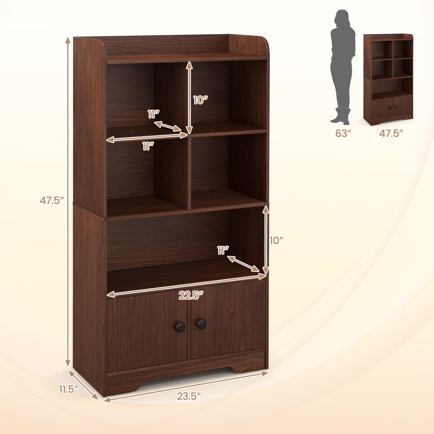 4 Tiers Bookshelf with 4 Cubes Display Shelf and 2 Doors-Brown Kids Crystal