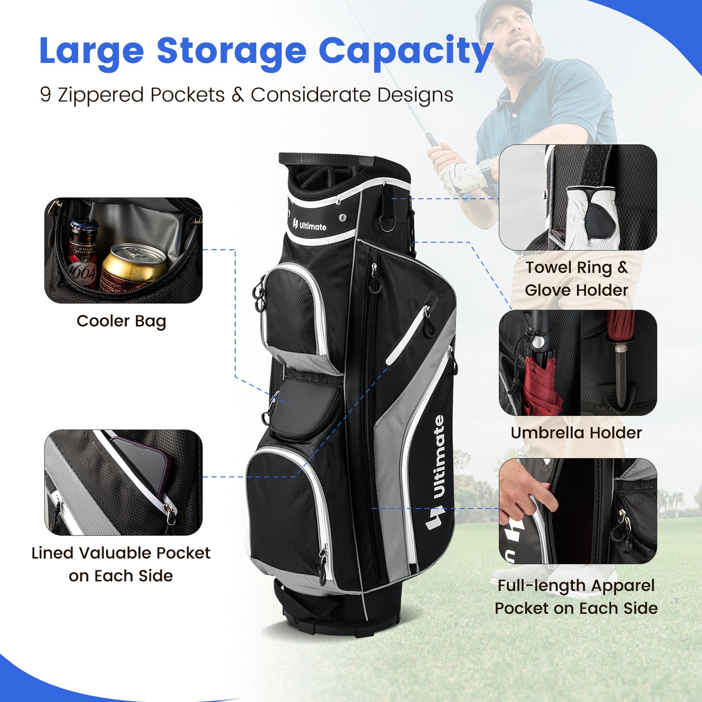 Golf Cart Bag with 14 Way Top Dividers-Gray Kids Crystal