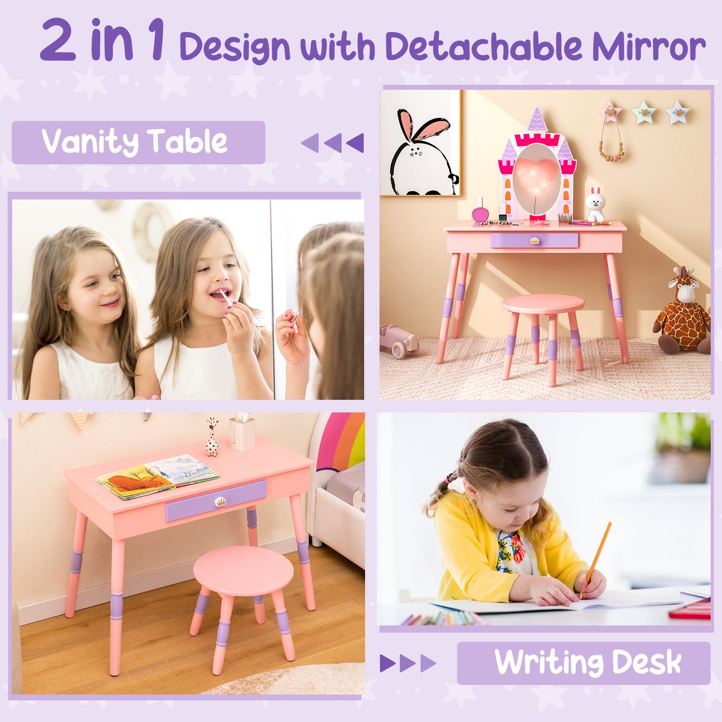 Kids Princess Vanity Table and Stool Set with Drawer and Mirror-Pink Kids Crystal