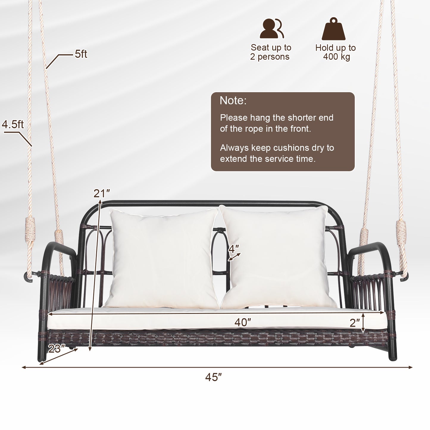880LBS Wicker Hanging Porch Swing with Cushions-White Kids Crystal