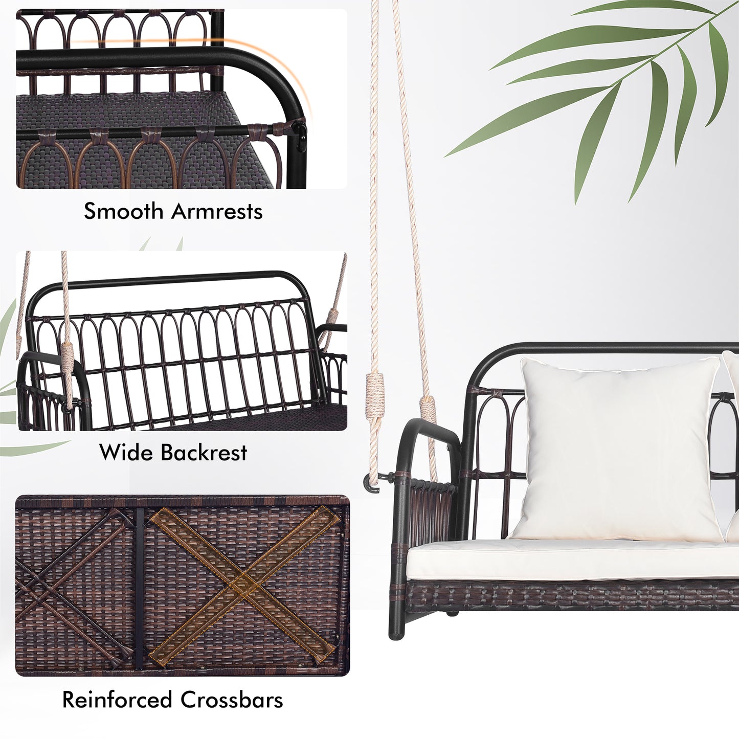 880LBS Wicker Hanging Porch Swing with Cushions-White Kids Crystal