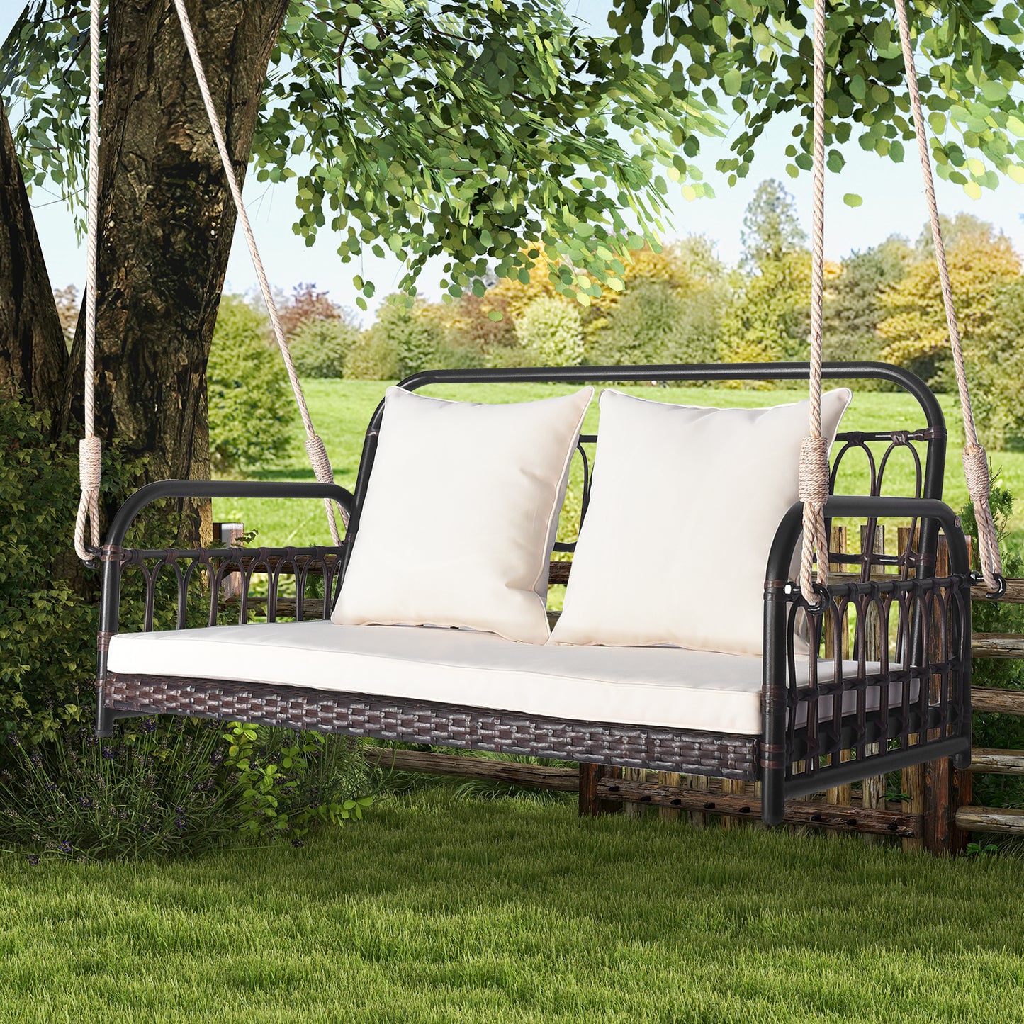 880LBS Wicker Hanging Porch Swing with Cushions-White Kids Crystal