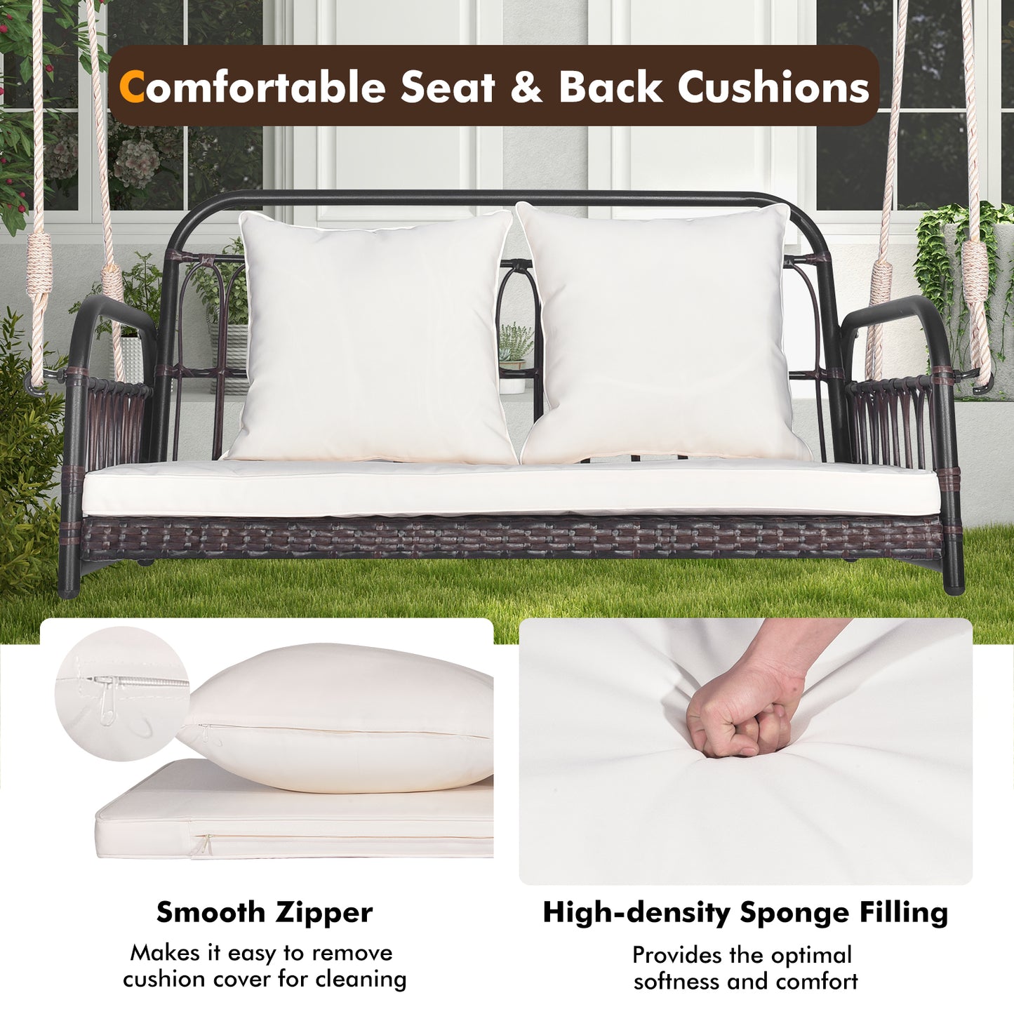 880LBS Wicker Hanging Porch Swing with Cushions-White Kids Crystal