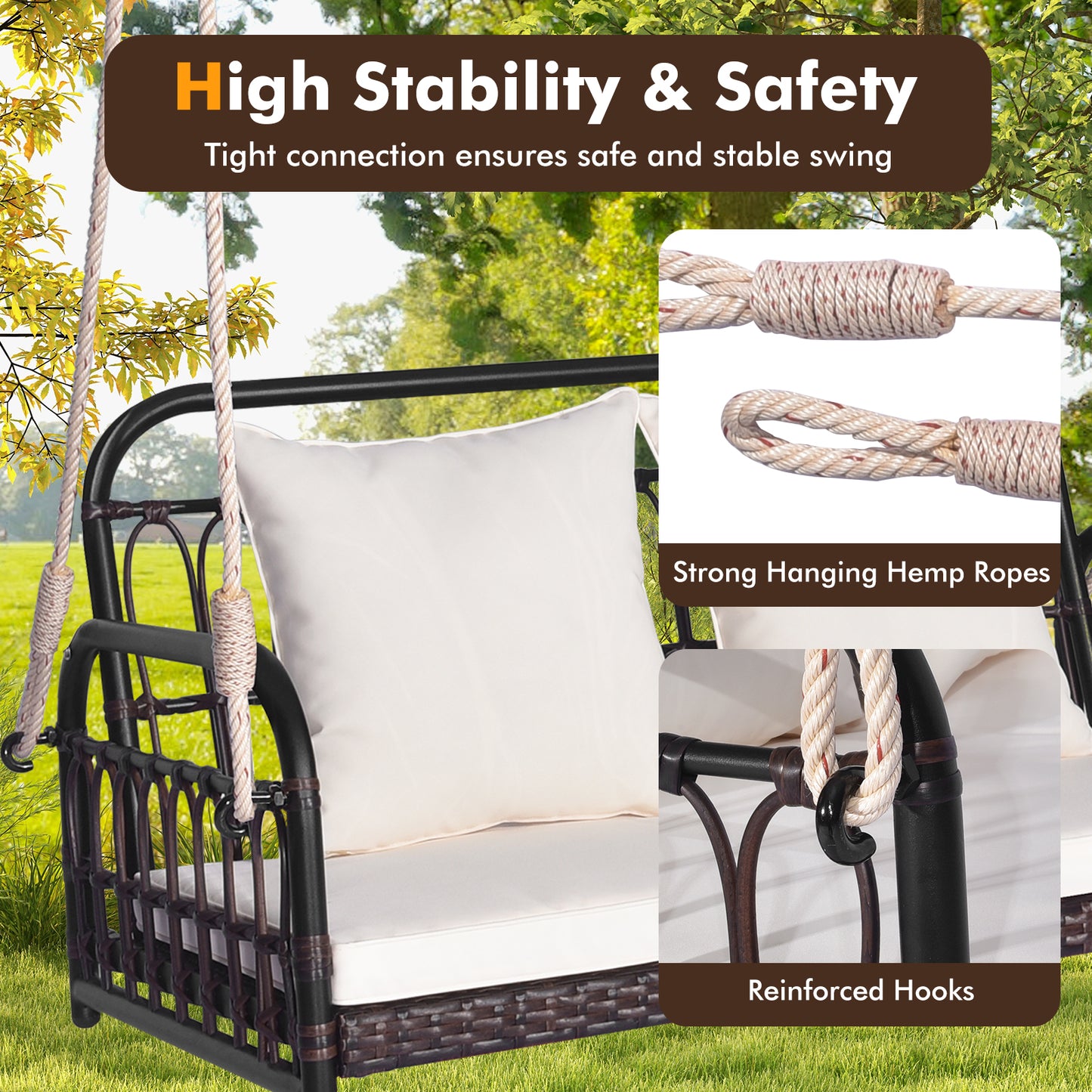 880LBS Wicker Hanging Porch Swing with Cushions-White Kids Crystal
