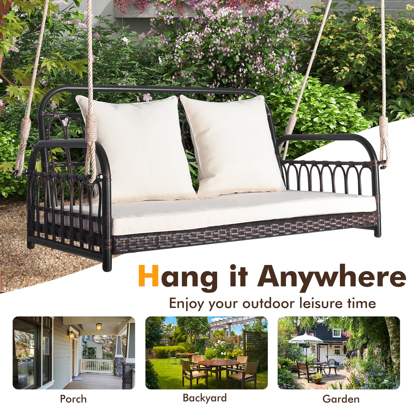 880LBS Wicker Hanging Porch Swing with Cushions-White Kids Crystal