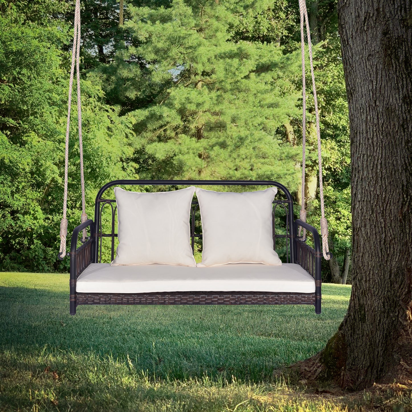 880LBS Wicker Hanging Porch Swing with Cushions-White Kids Crystal