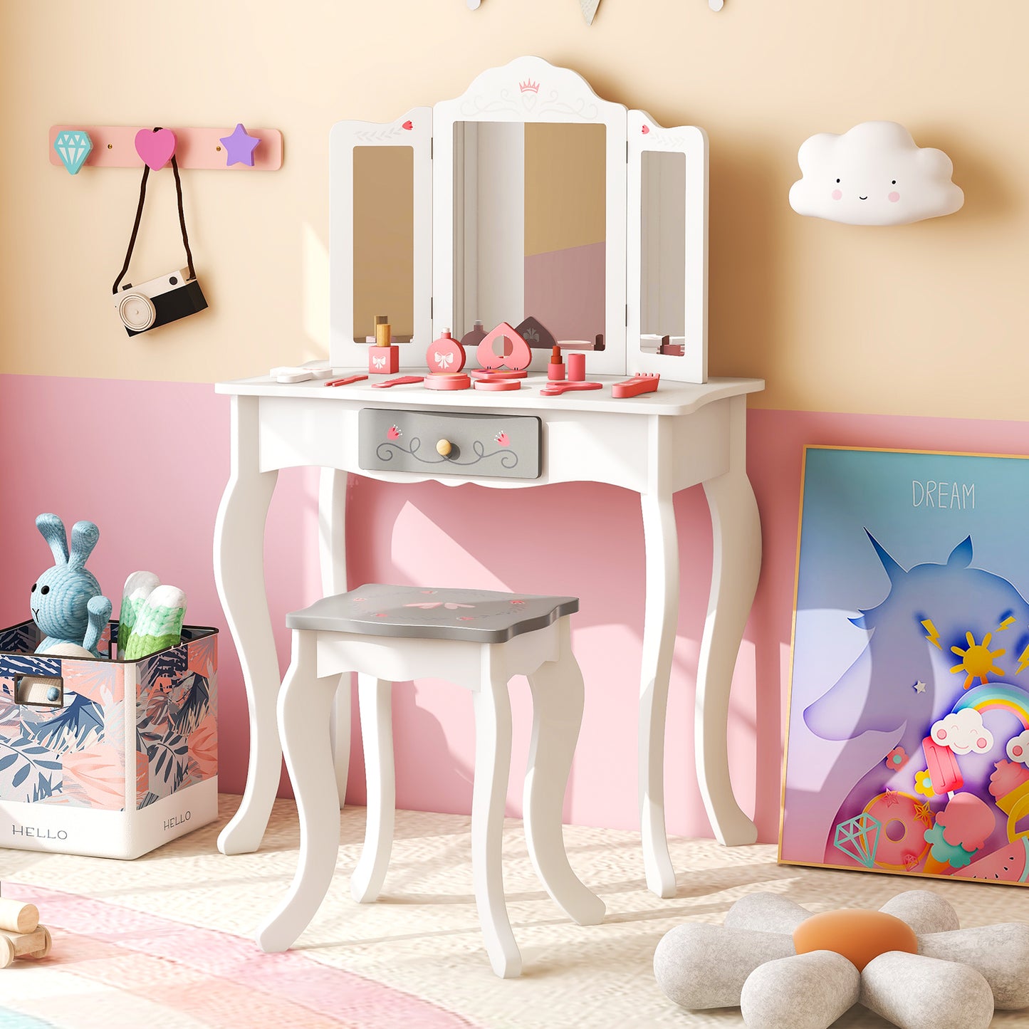 Kids Vanity Set with Tri-folding Mirror-White Kids Crystal