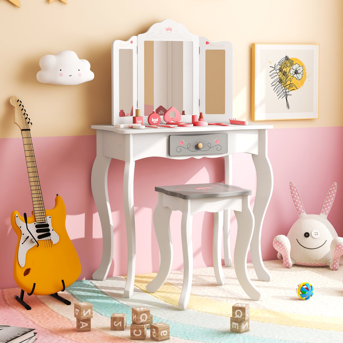 Kids Vanity Set with Tri-folding Mirror-White Kids Crystal
