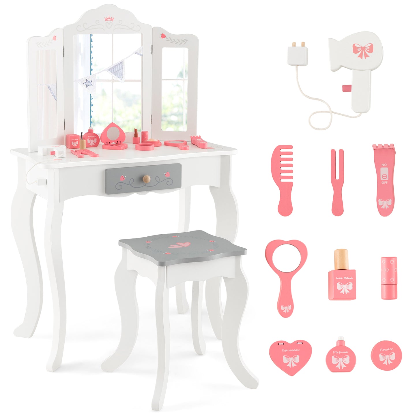 Kids Vanity Set with Tri-folding Mirror-White Kids Crystal