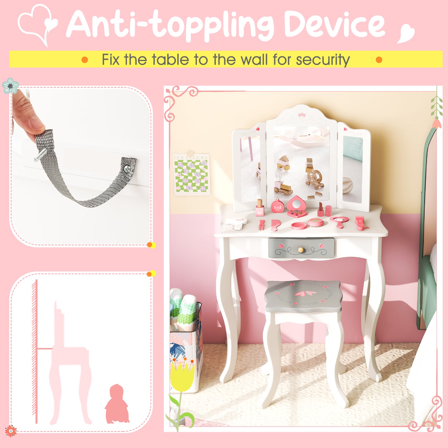 Kids Vanity Set with Tri-folding Mirror-White Kids Crystal
