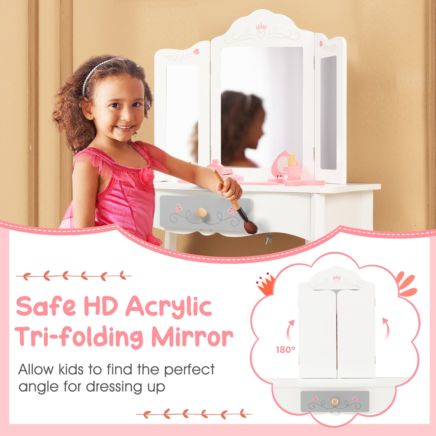 Kids Vanity Set with Tri-folding Mirror-White Kids Crystal