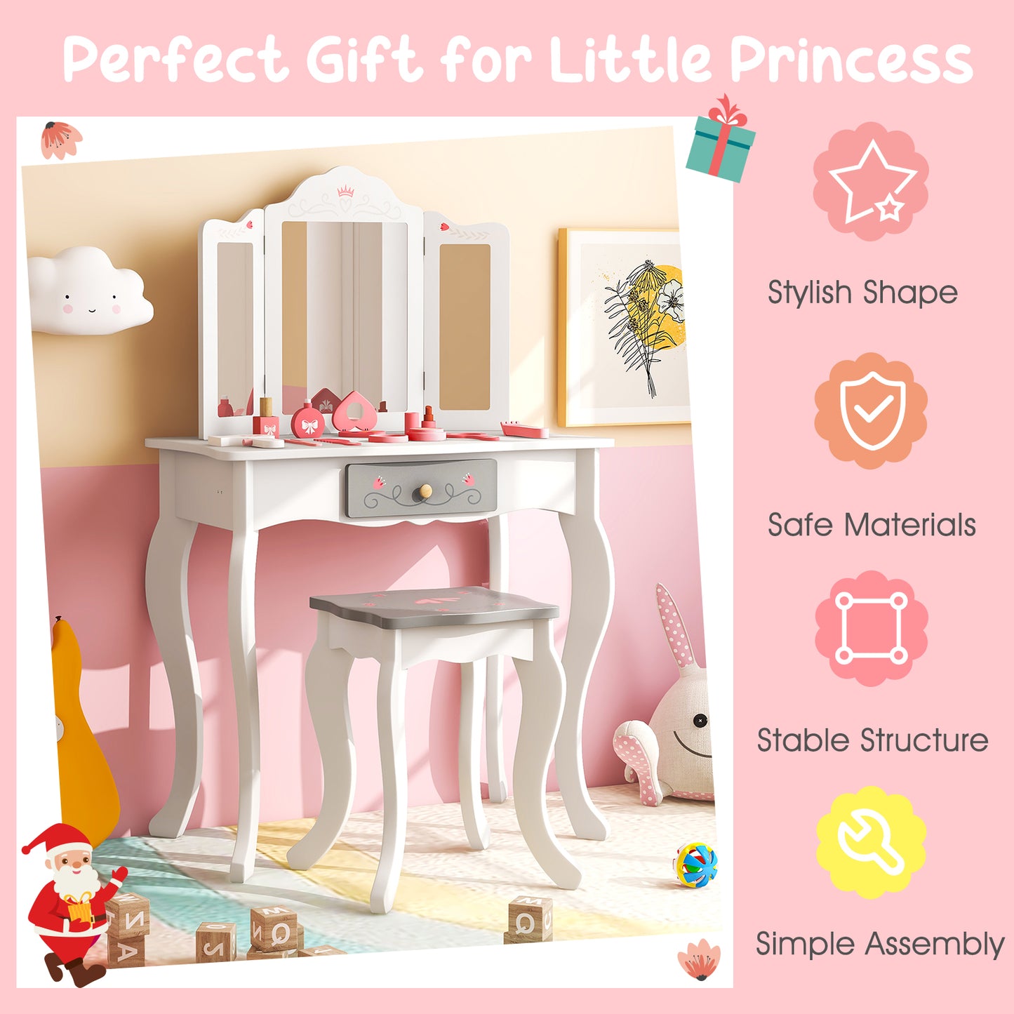 Kids Vanity Set with Tri-folding Mirror-White Kids Crystal