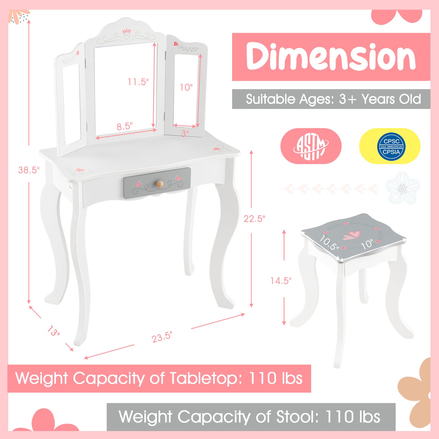 Kids Vanity Set with Tri-folding Mirror-White Kids Crystal