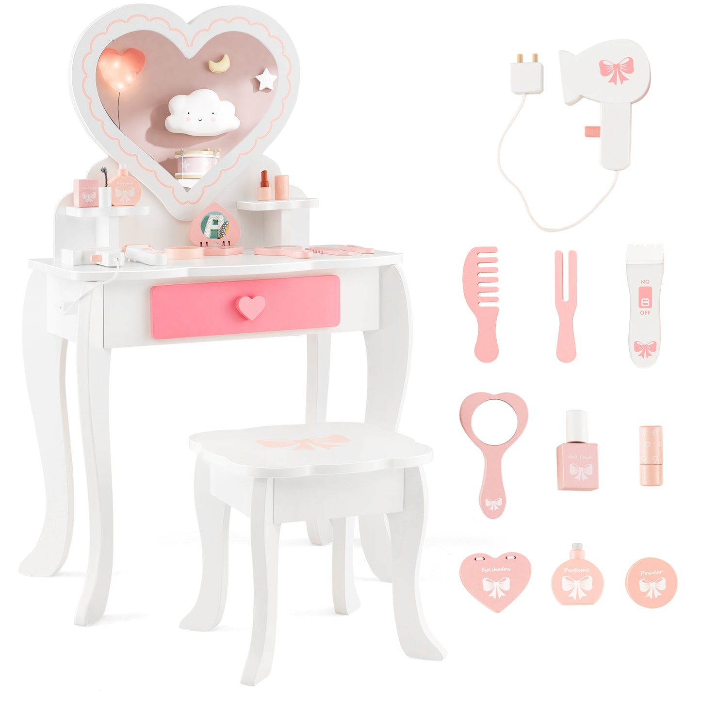 Kids Vanity Set with Heart-shaped Mirror-White Kids Crystal