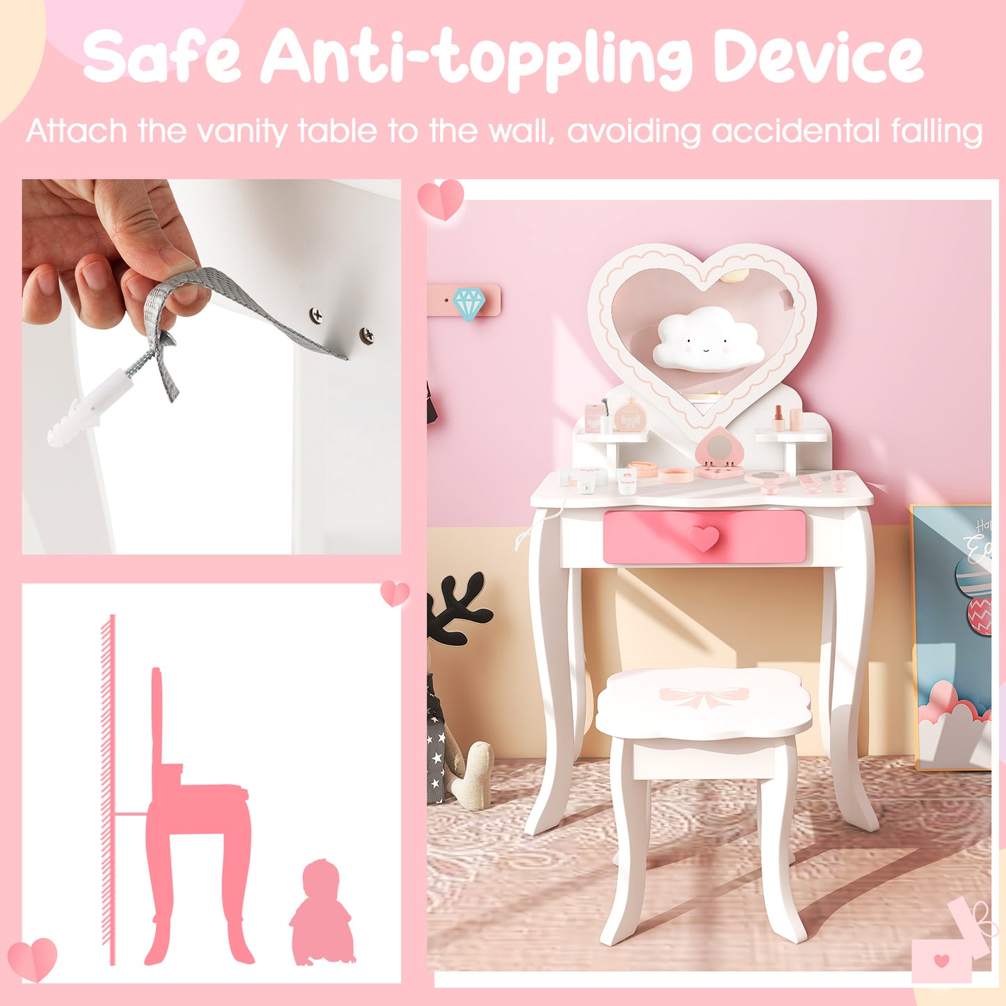 Kids Vanity Set with Heart-shaped Mirror-White Kids Crystal