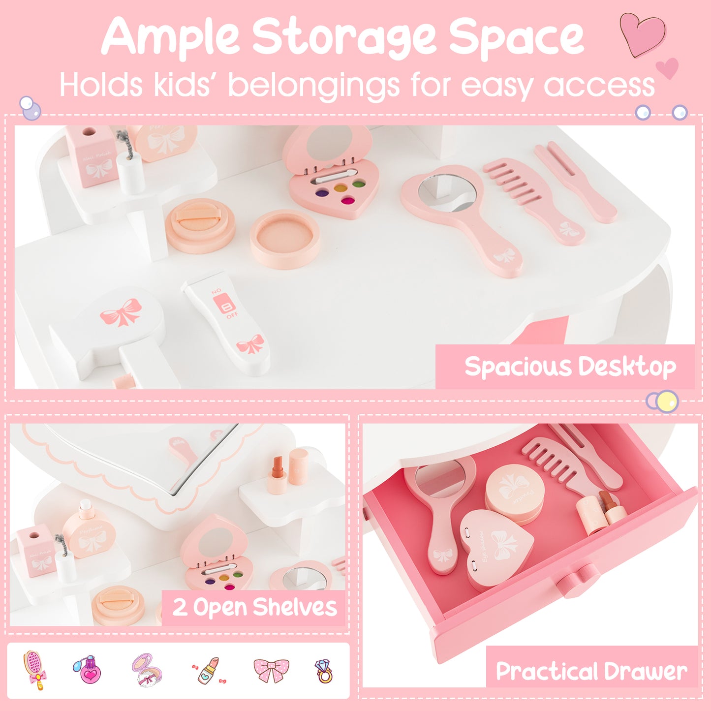 Kids Vanity Set with Heart-shaped Mirror-White Kids Crystal