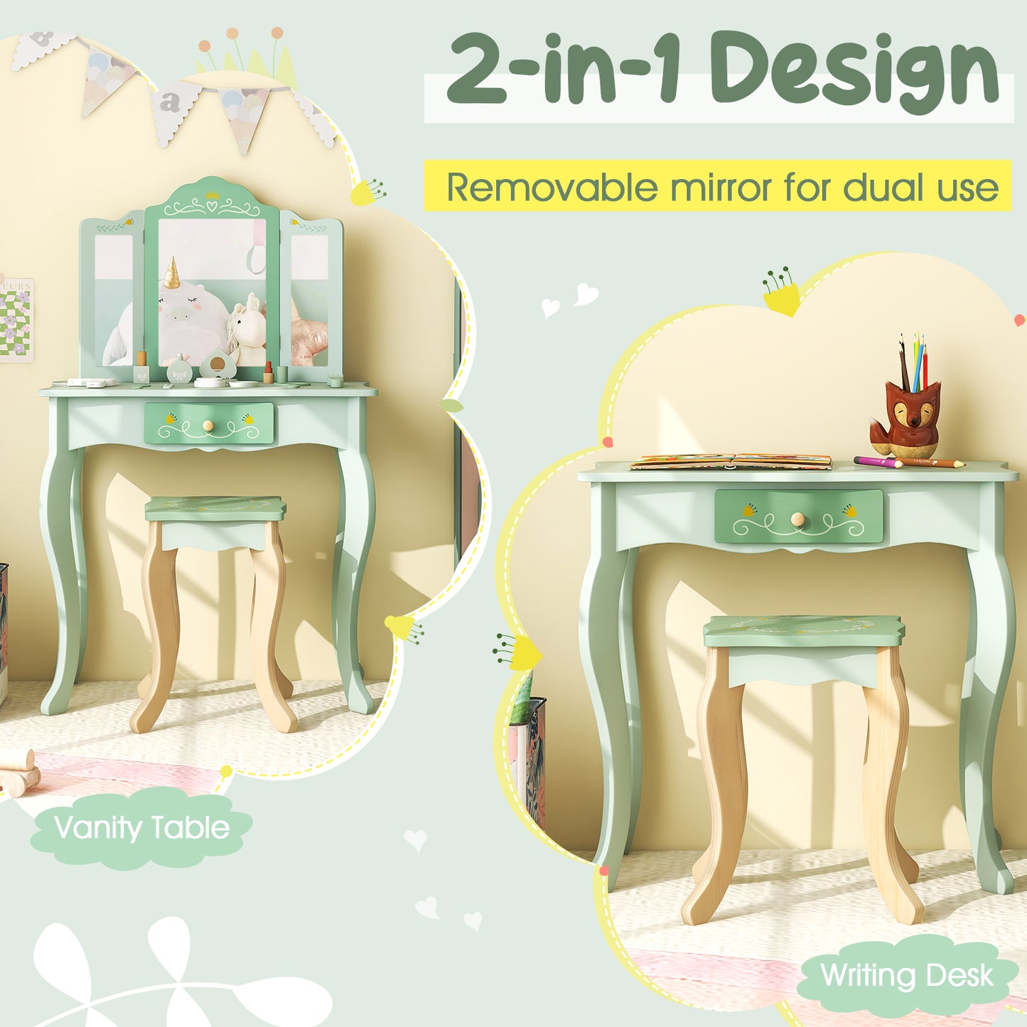 Kids Vanity Set with Tri-folding Mirror-Green Kids Crystal