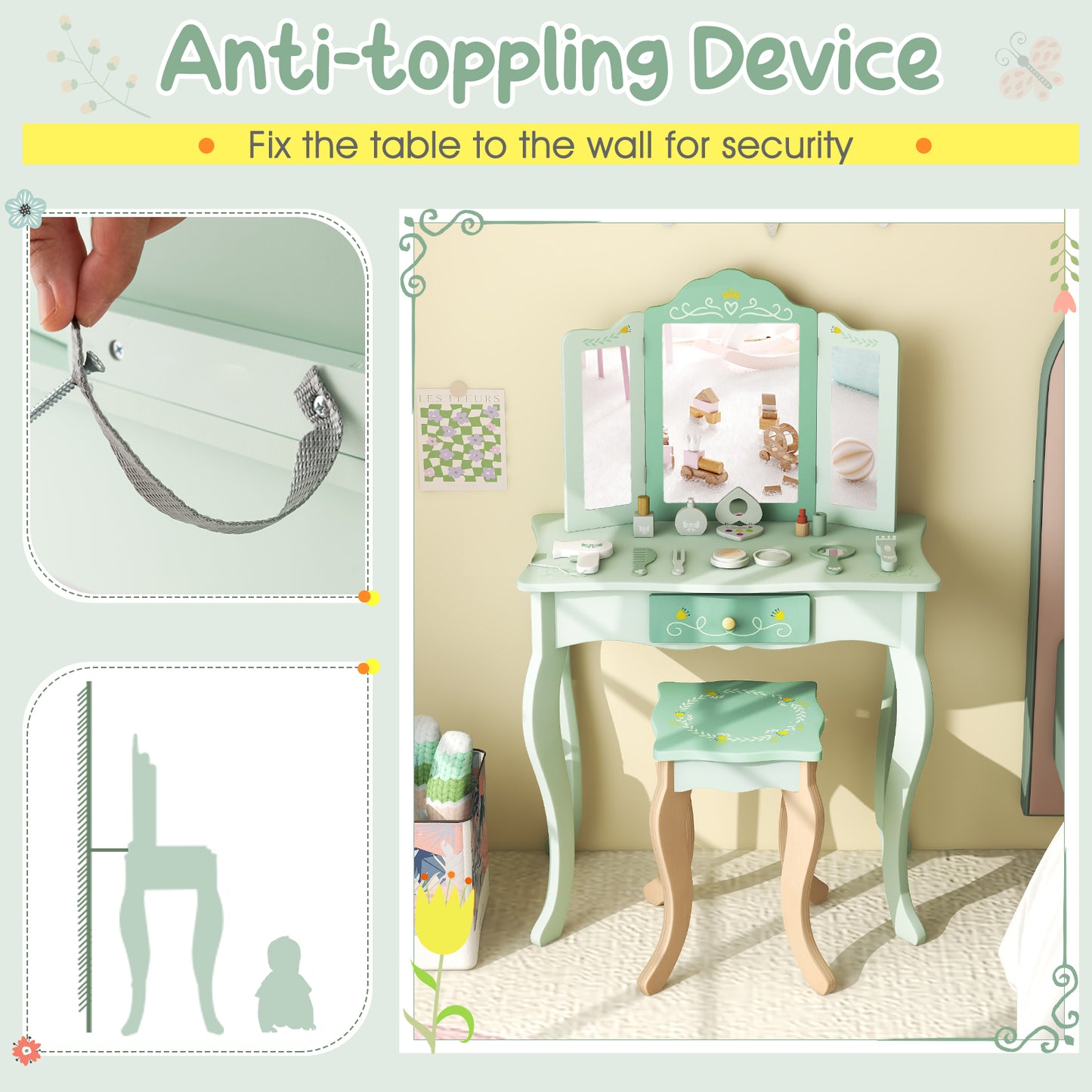 Kids Vanity Set with Tri-folding Mirror-Green Kids Crystal