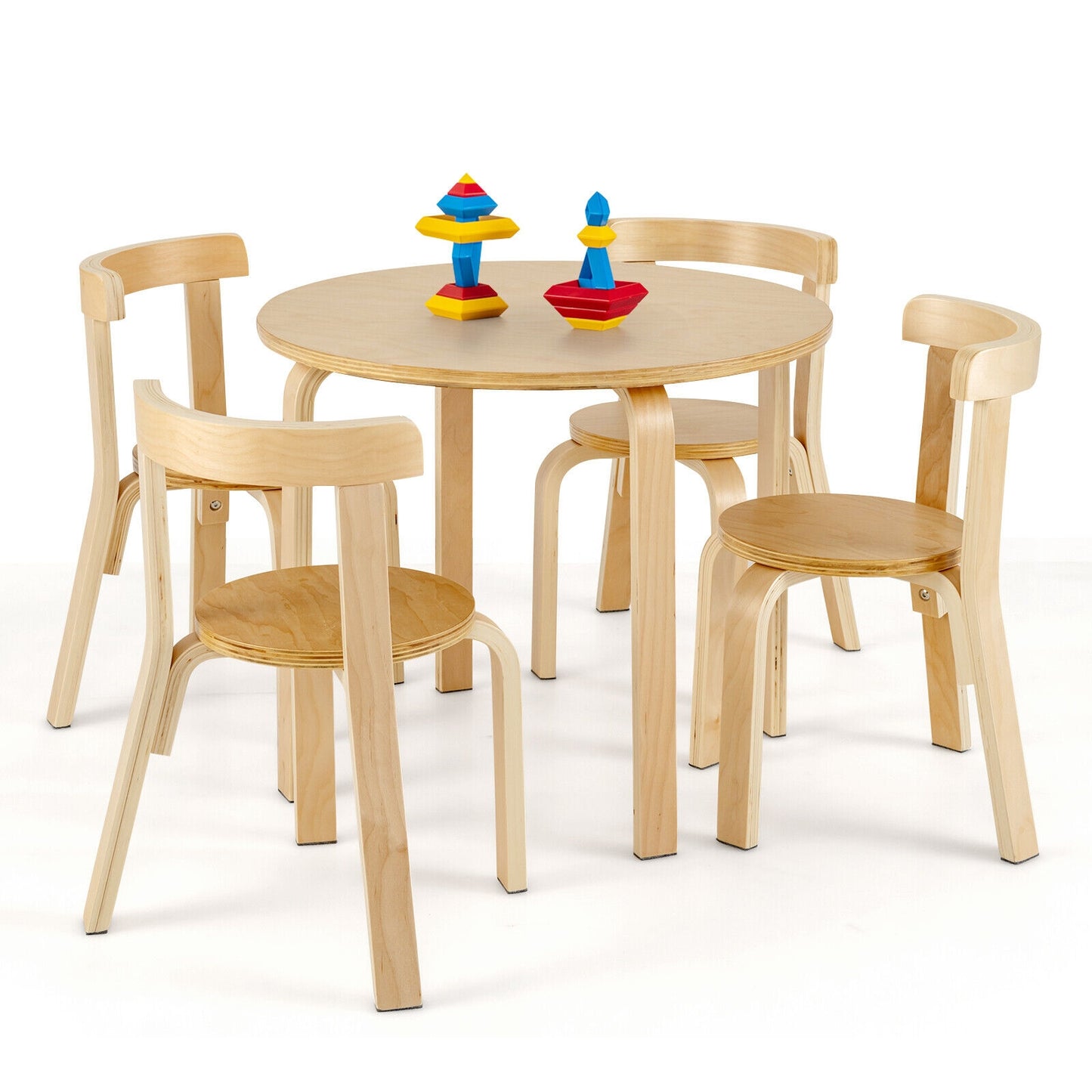 5-Piece Kids Wooden Curved Back Activity Table and Chair Set with Toy Bricks-Natural Kids Crystal