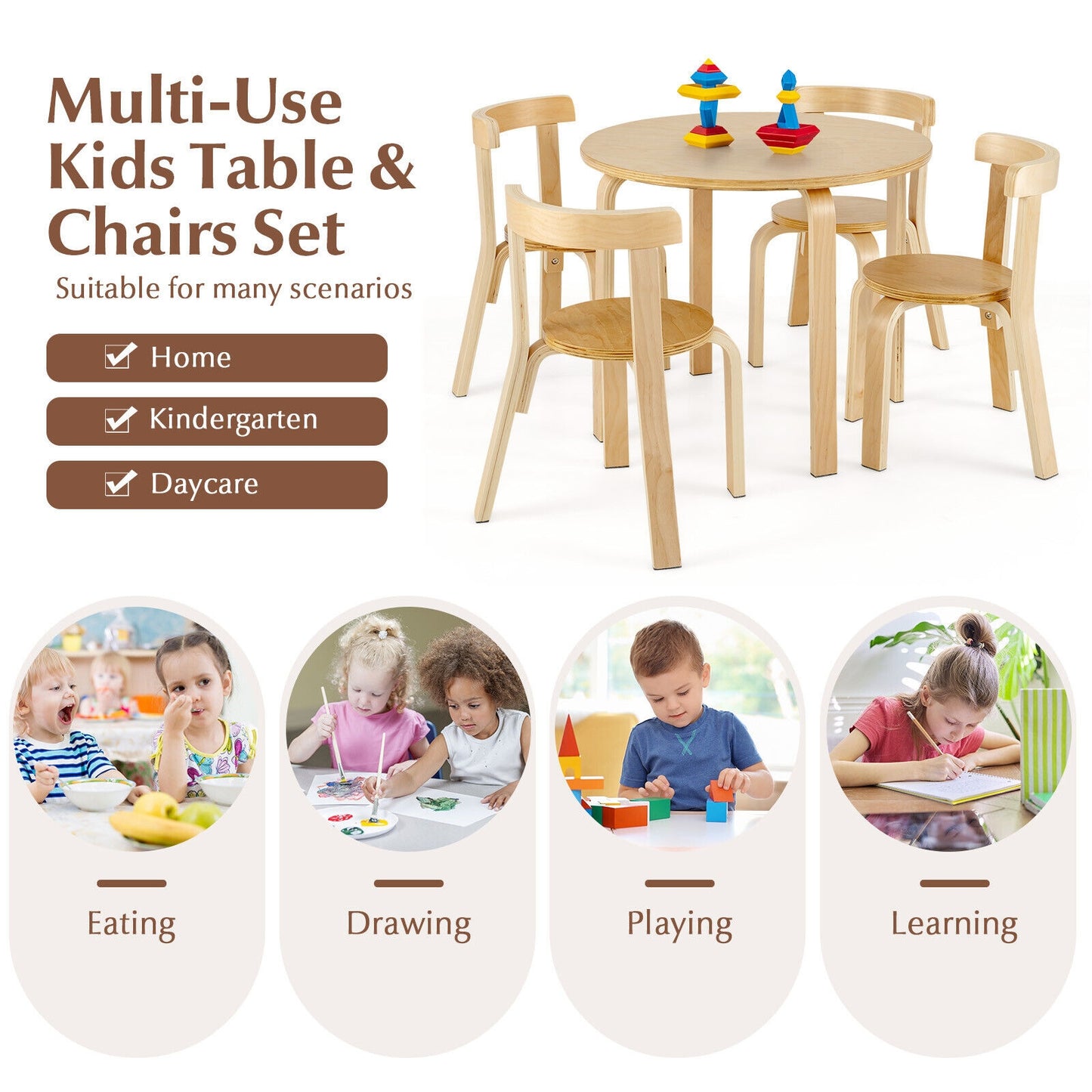 5-Piece Kids Wooden Curved Back Activity Table and Chair Set with Toy Bricks-Natural Kids Crystal