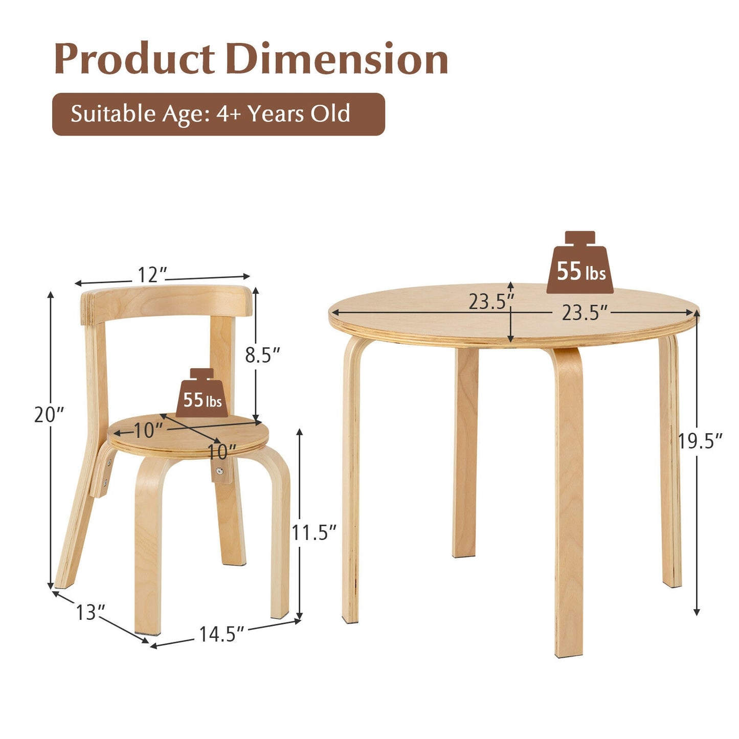 5-Piece Kids Wooden Curved Back Activity Table and Chair Set with Toy Bricks-Natural Kids Crystal